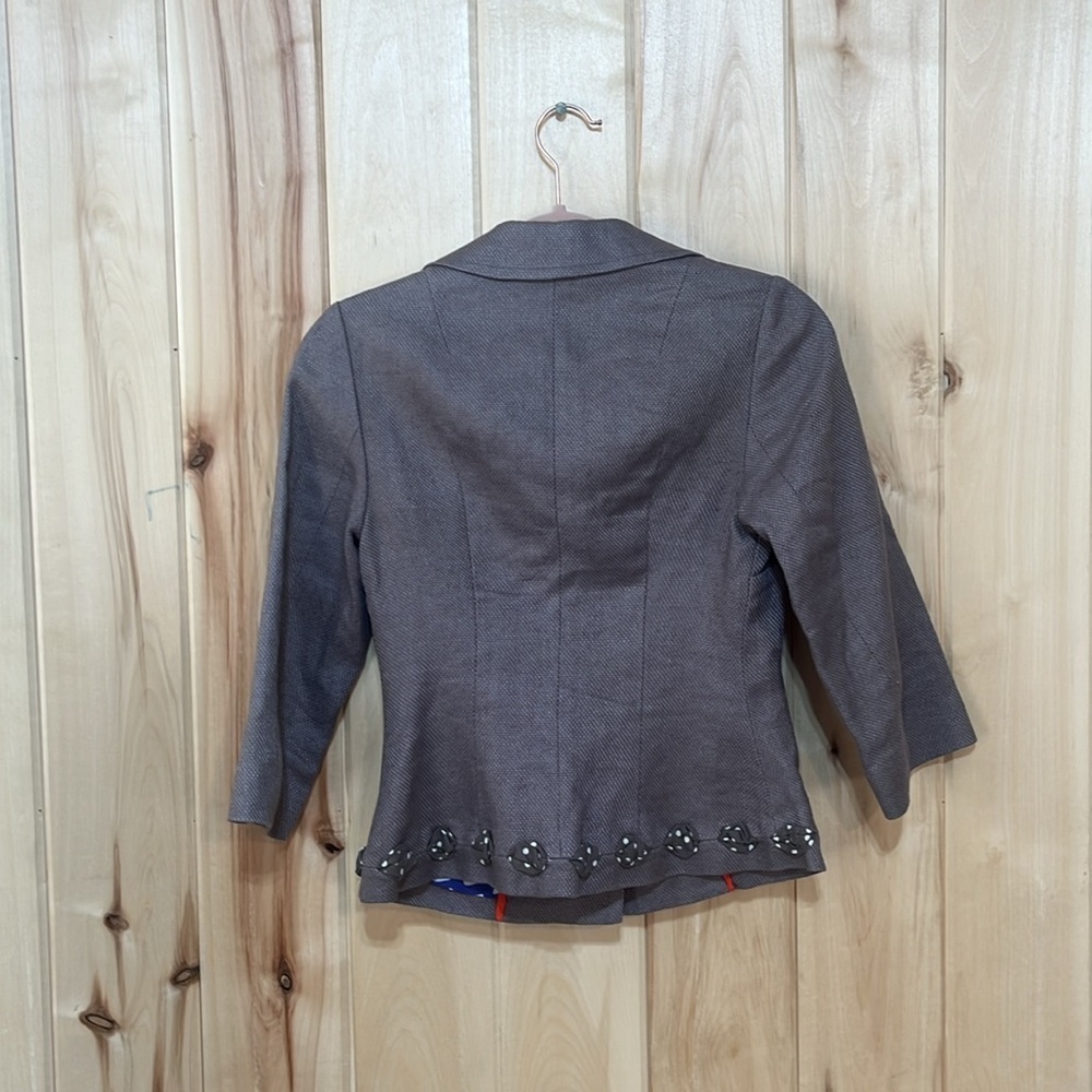 Boden Taupe Greige Textured Cotton Linen Blend Twill 3/4 Sleeve Jacket Size 2 - Picture 3 of 7